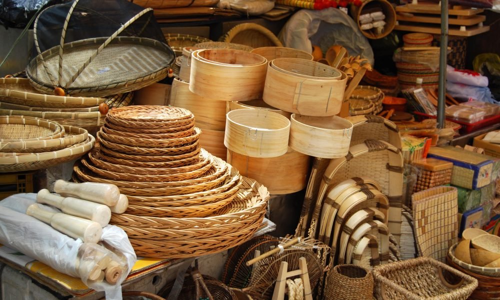 Asian market of bamboo and wicker baskets