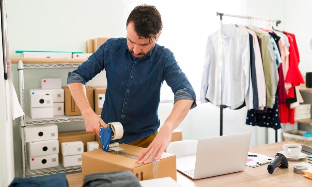 successful-entrepreneur-ready-ship-customers-orders-business-owner-putting-tape-big-package-with-clothing-products_662251-2124